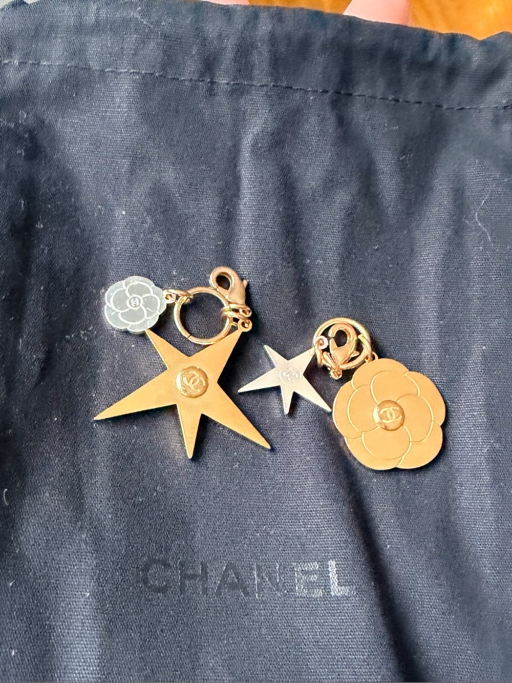 One Pair of Chanel Beaute Camellia Charms in Chanel Black Mini Pouch NEW GWP